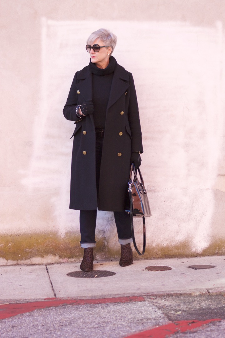 ralph lauren military coat, j.crew black turtleneck, talbots flawless five pocket, leopard chelsea boots