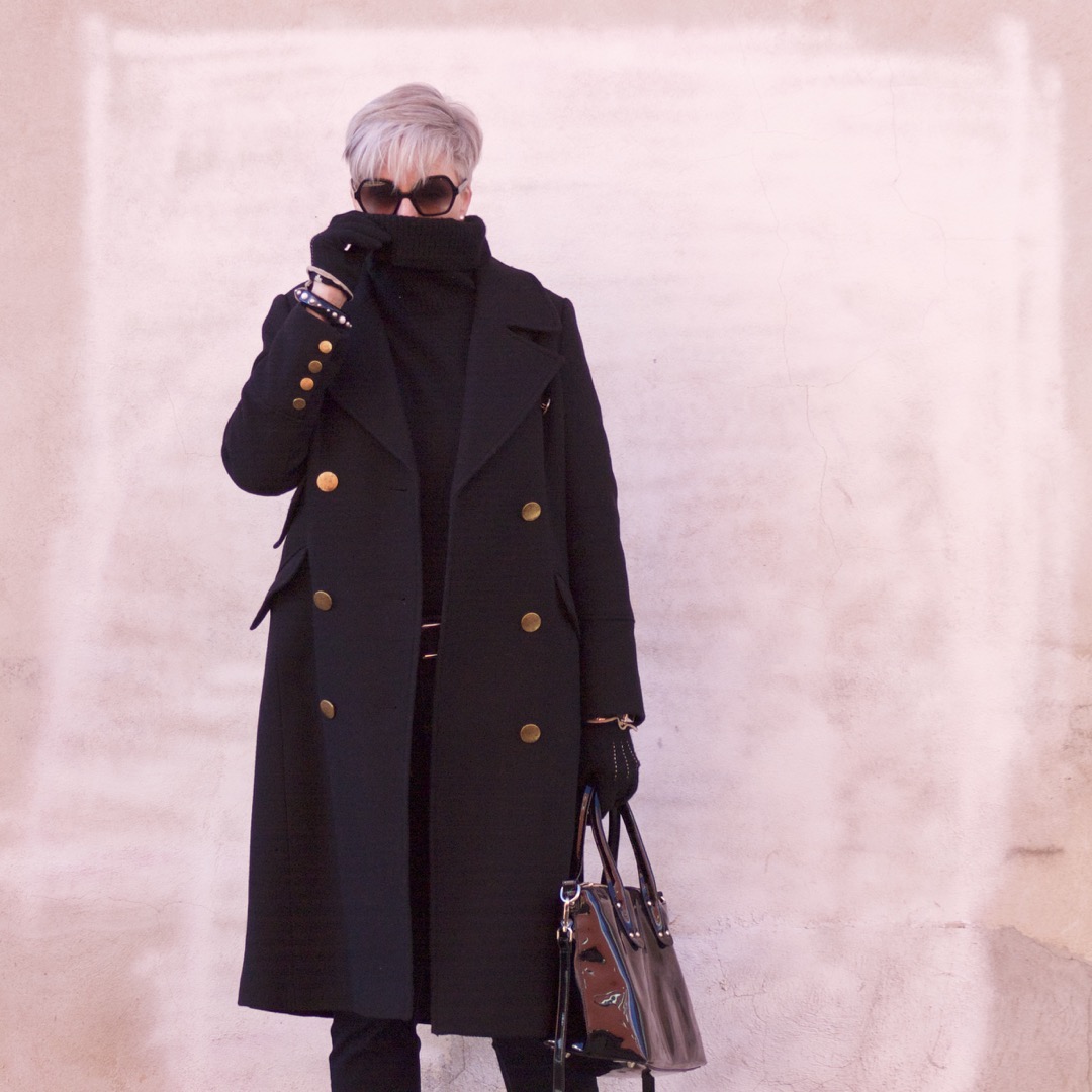 ralph lauren military coat, j.crew black turtleneck, talbots flawless five pocket, leopard chelsea boots