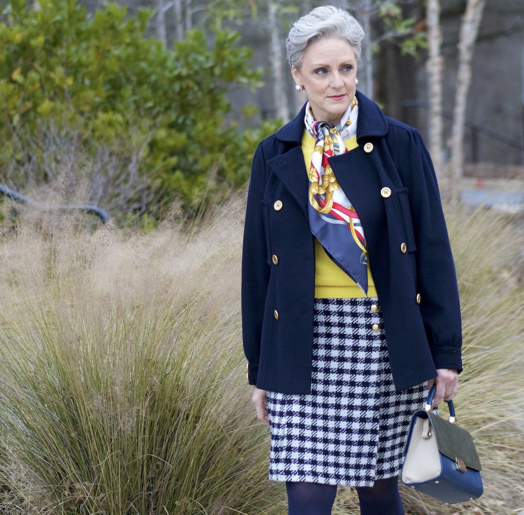 talbots houndstooth skirt, talbots seqiun sweater, navy peacoat, hermes silk scarf