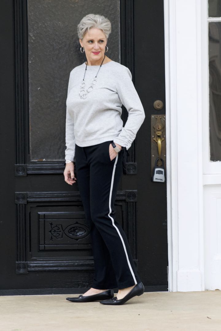 talbots gingham raincoat, ann taylor track pants and ribbon sweatshirt