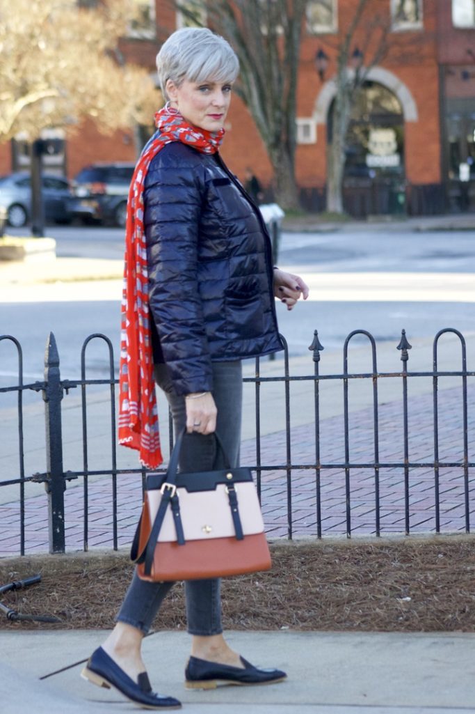 j.crew cashmere sweater, old navy rockstar jeans, talbots puffer jacket, talbots scarf, everlane loafers
