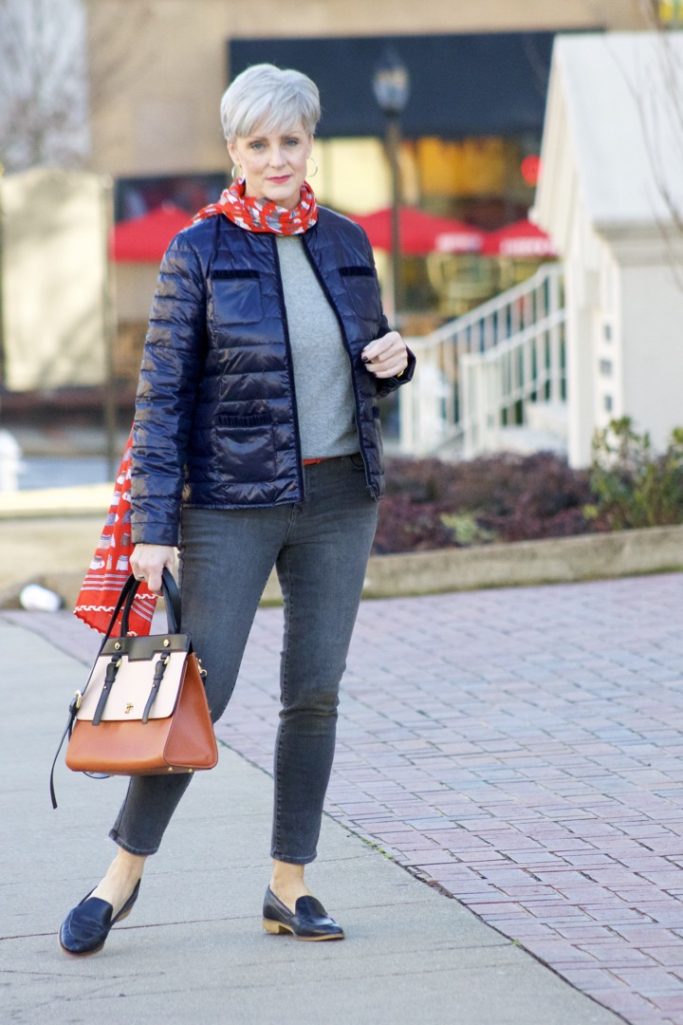 j.crew cashmere sweater, old navy rockstar jeans, talbots puffer jacket, talbots scarf, everlane loafers