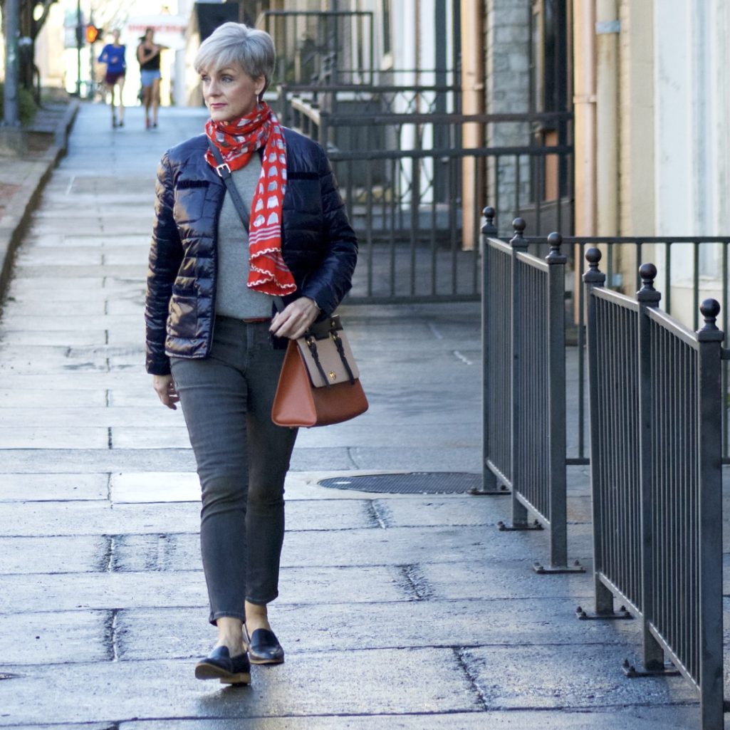 j.crew cashmere sweater, old navy rockstar jeans, talbots puffer jacket, talbots scarf, everlane loafers