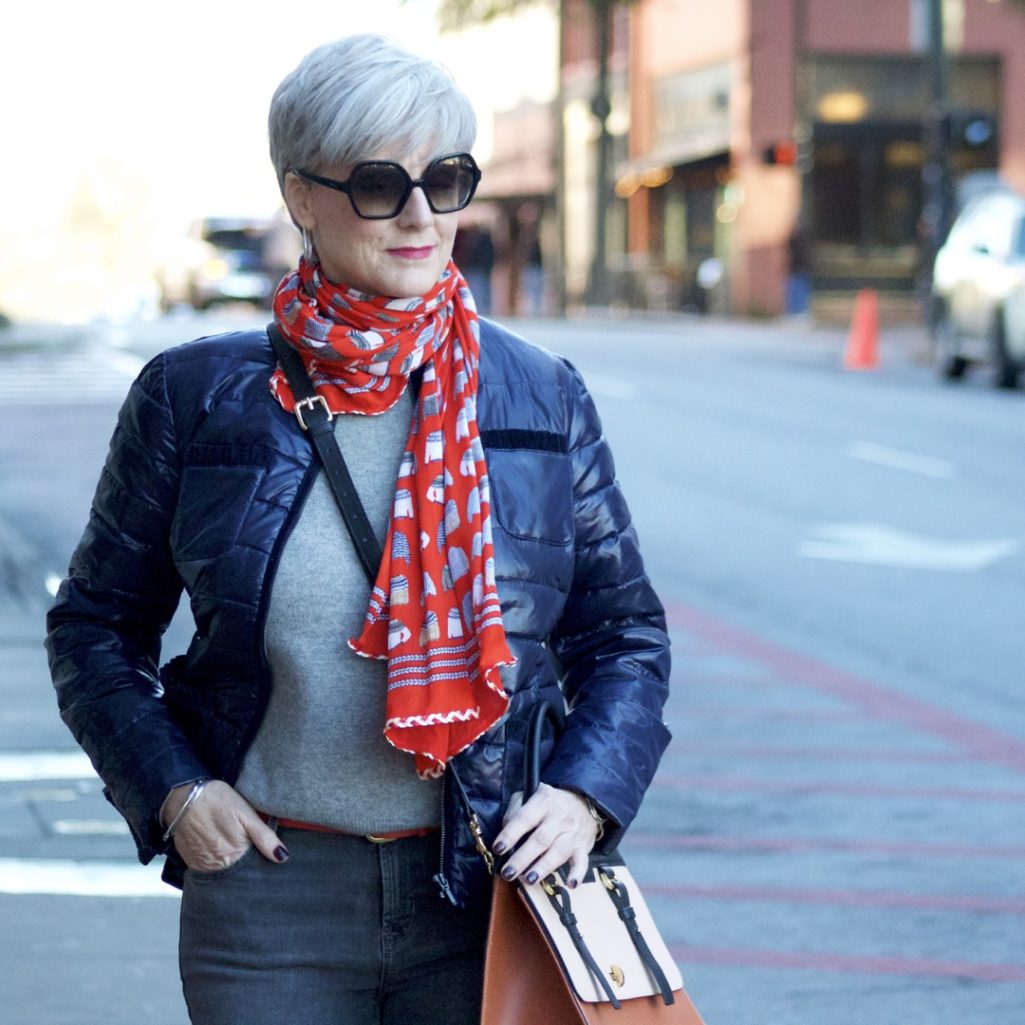 j.crew cashmere sweater, old navy rockstar jeans, talbots puffer jacket, talbots scarf, everlane loafers