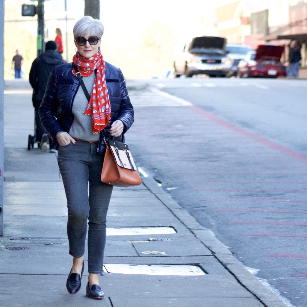 j.crew cashmere sweater, old navy rockstar jeans, talbots puffer jacket, talbots scarf, everlane loafers