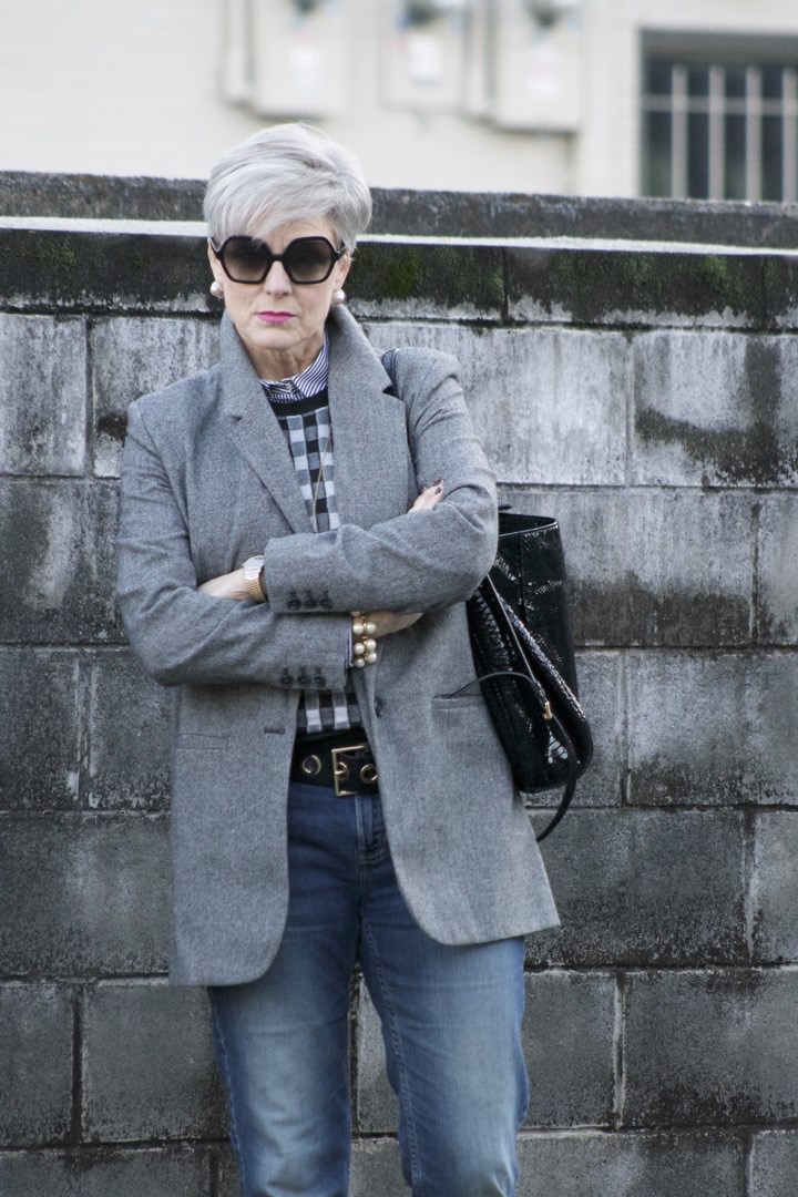 a new day blazer, j.crew cashmere vest, j.crew striped shirt, banana republic denim, michael kors handbag, tahari smoking slippers