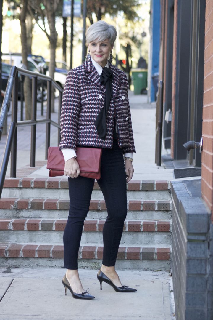 ann taylor double breasted tweed jacket, sailor all day skinny jeans, ralph lauren pussy bow, mark and graham clutch, gucci pumps,