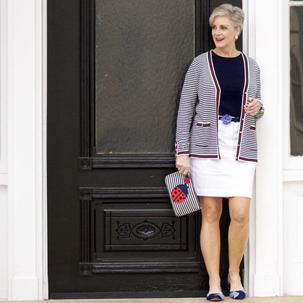 talbots striped cardigan, talbots navy tee, talbots white denim skirt, talbots gingham denim belt, talbots denim shoes, talbots ladybug clutch