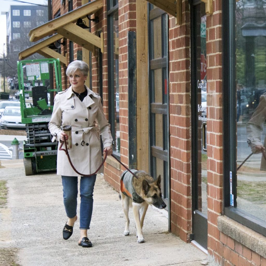 trench coat, j.crew toothpick jeans, everlane silk tunic, target merona slides