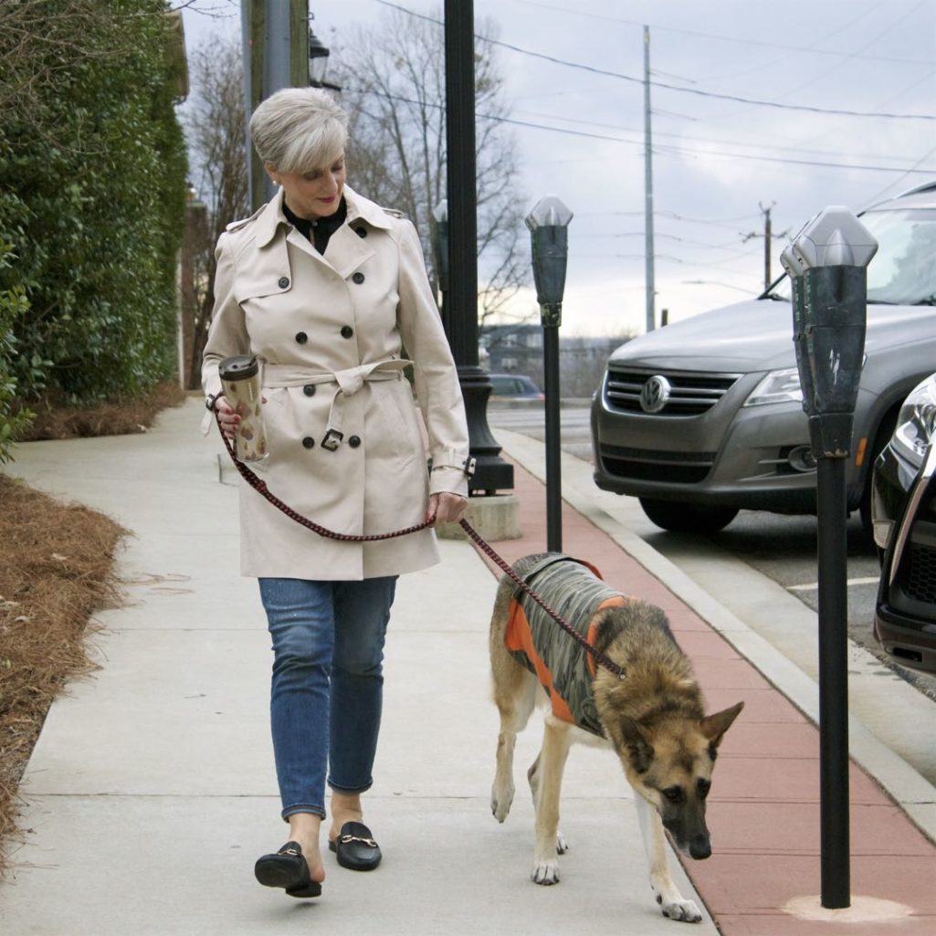 trench coat, j.crew toothpick jeans, everlane silk tunic, target merona slides