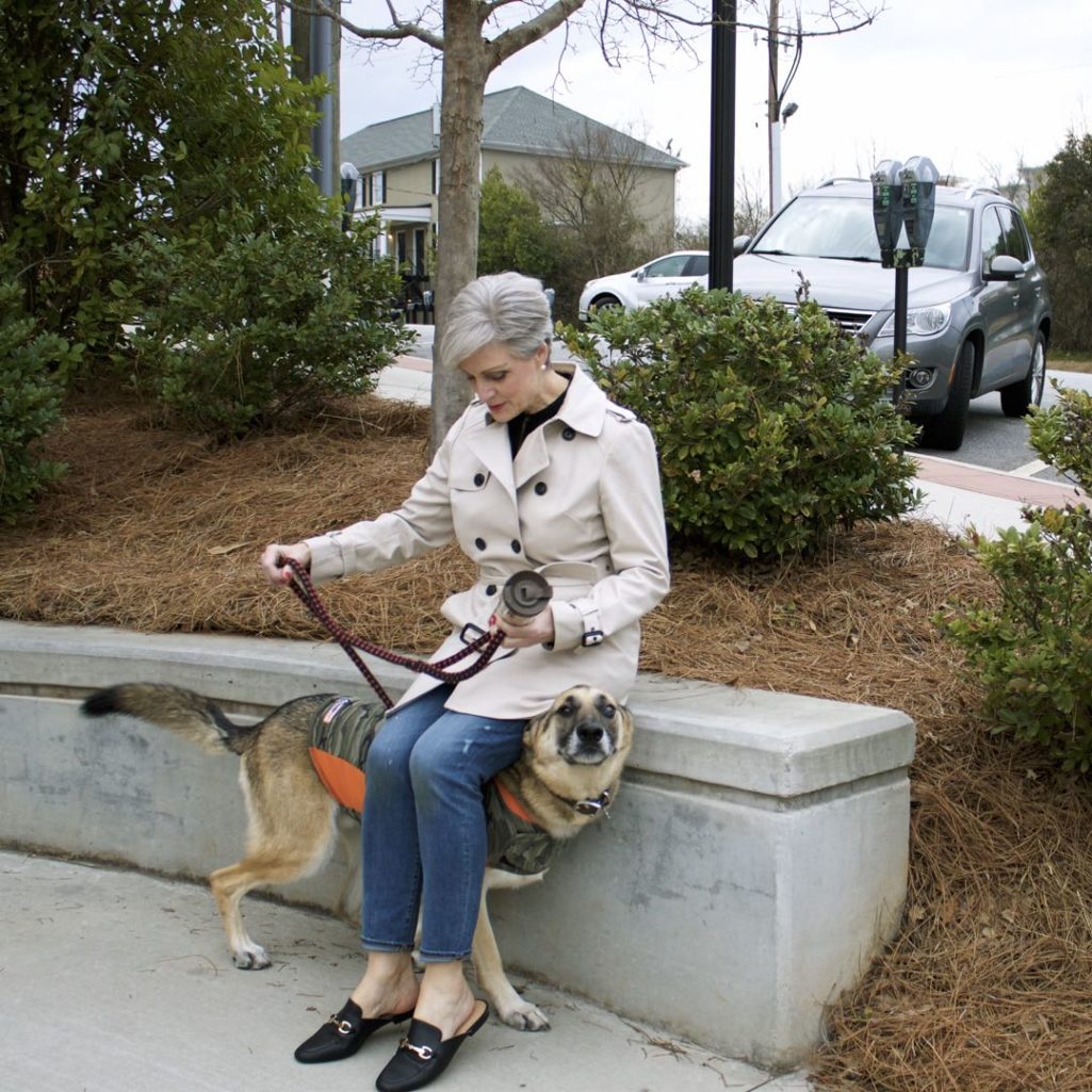 trench coat, j.crew toothpick jeans, everlane silk tunic, target merona slides