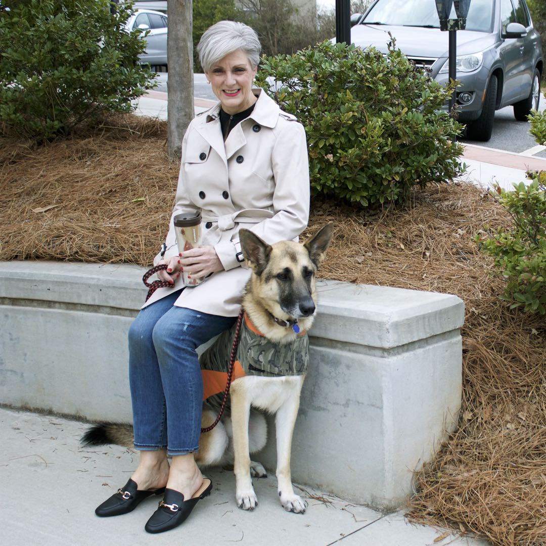 trench coat, j.crew toothpick jeans, everlane silk tunic, target merona slides