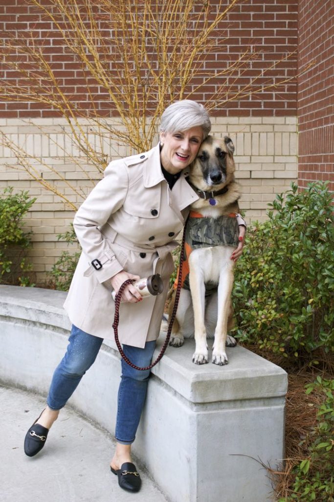 trench coat, j.crew toothpick jeans, everlane silk tunic, target merona slides