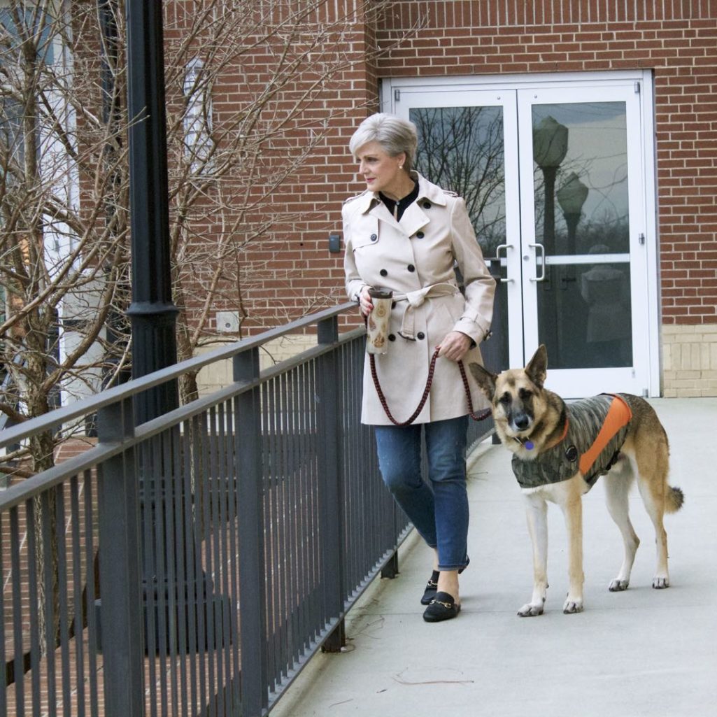 trench coat, j.crew toothpick jeans, everlane silk tunic, target merona slides