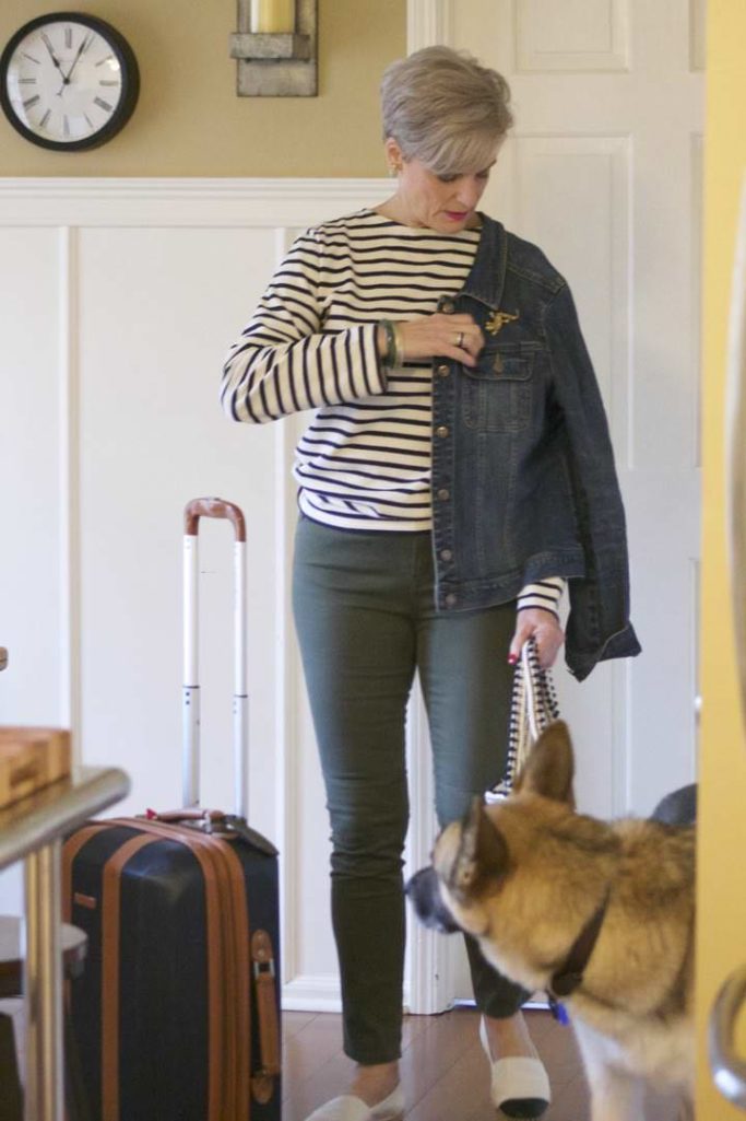 boden green cargo pants, st. james striped tee, old navy jean jacket, tory burch espadrilles