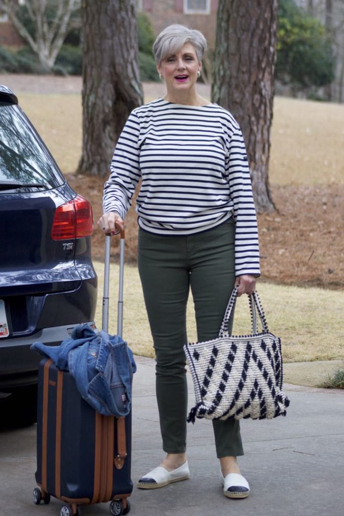 boden green cargo pants, st. james striped tee, old navy jean jacket, tory burch espadrilles