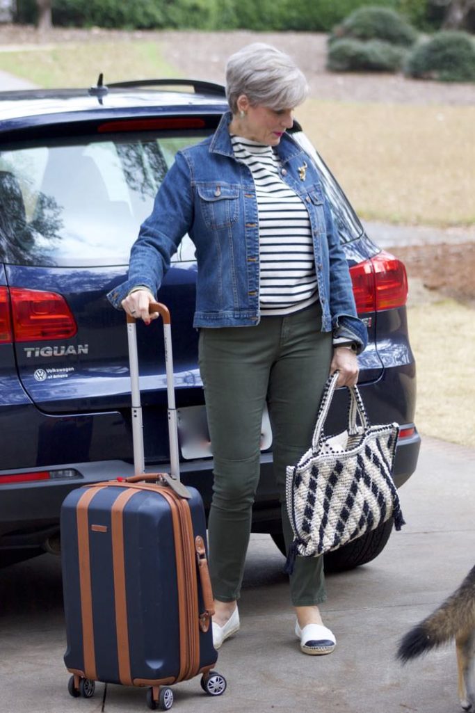 boden green cargo pants, st. james striped tee, old navy jean jacket, tory burch espadrilles
