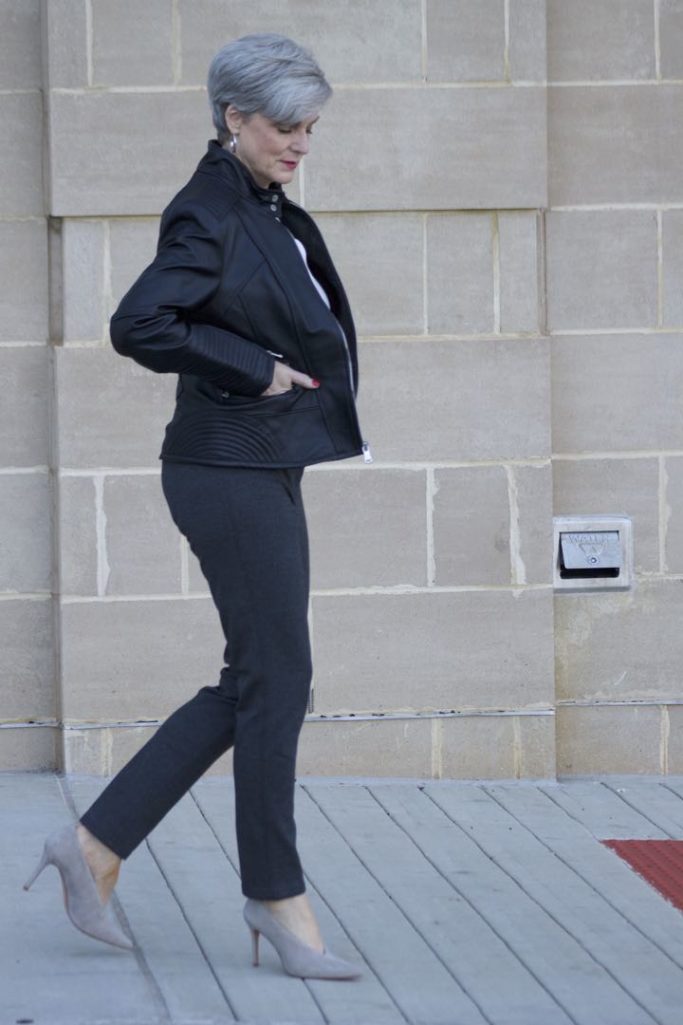 vince camuto leather moto jacket, everlane silk blouse, talbots pants, vince camuto suede pumps, talbots tweed handbag