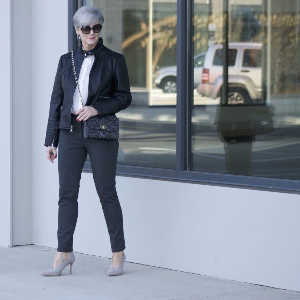 vince camuto leather moto jacket, everlane silk blouse, talbots pants, vince camuto suede pumps, talbots tweed handbag
