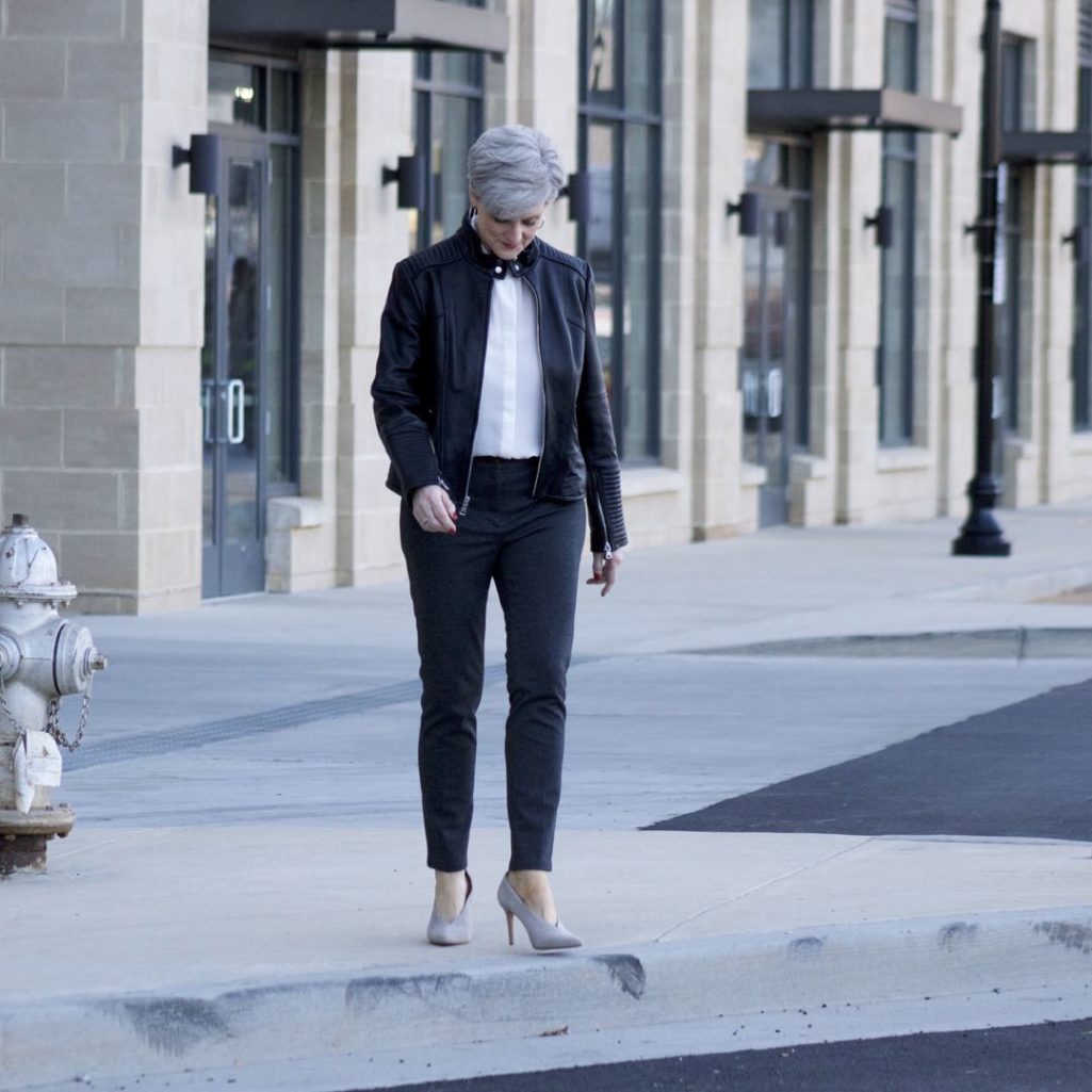 vince camuto leather moto jacket, everlane silk blouse, talbots pants, vince camuto suede pumps, talbots tweed handbag