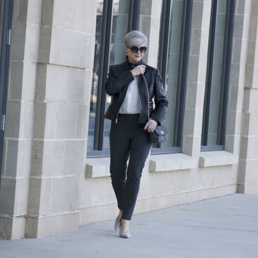 vince camuto leather moto jacket, everlane silk blouse, talbots pants, vince camuto suede pumps, talbots tweed handbag
