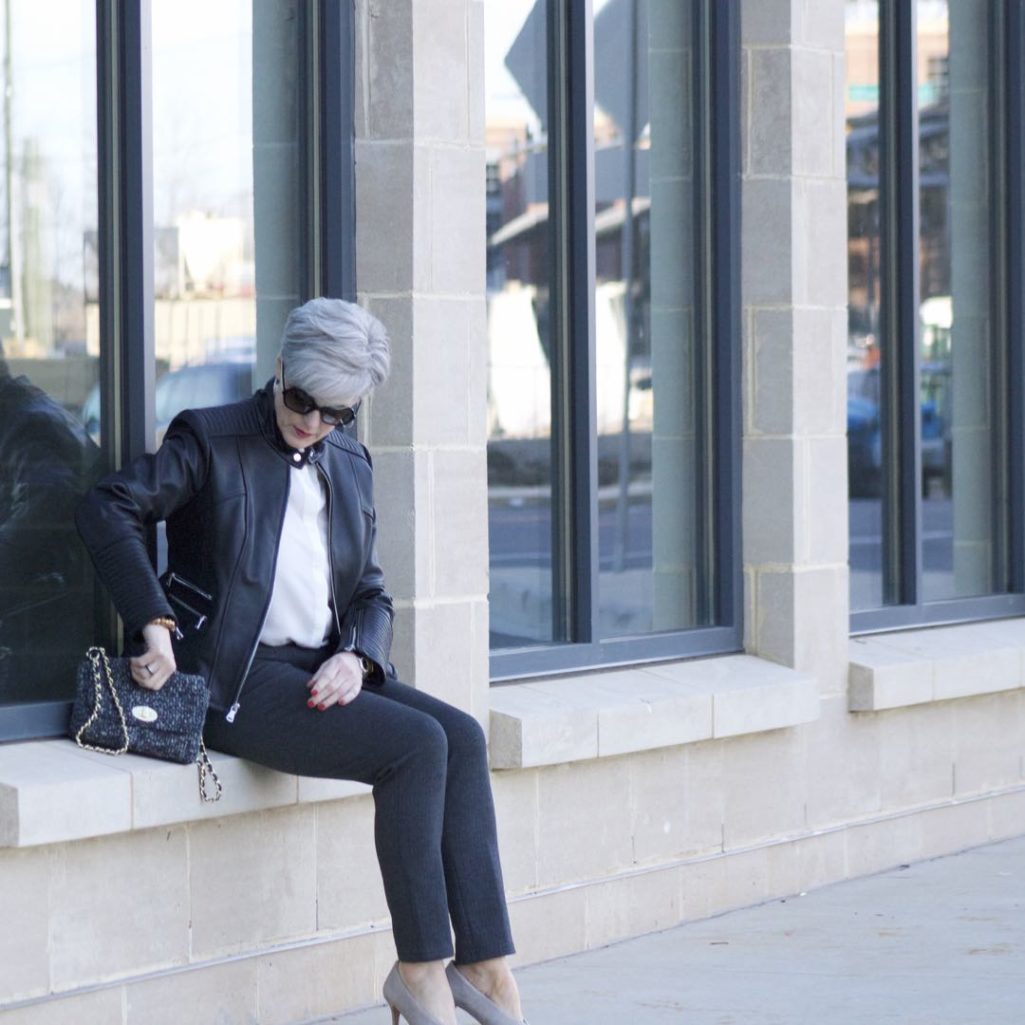 vince camuto leather moto jacket, everlane silk blouse, talbots pants, vince camuto suede pumps, talbots tweed handbag