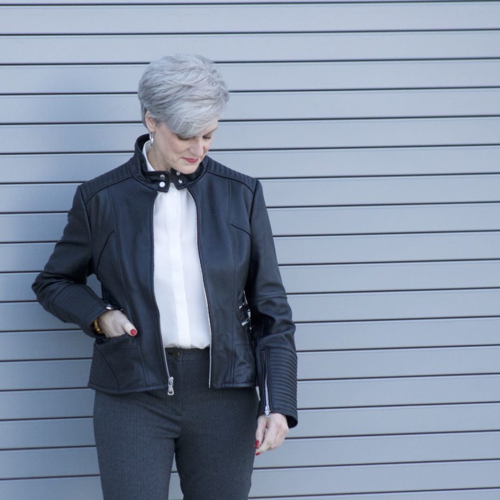 vince camuto leather moto jacket, everlane silk blouse, talbots pants, vince camuto suede pumps, talbots tweed handbag