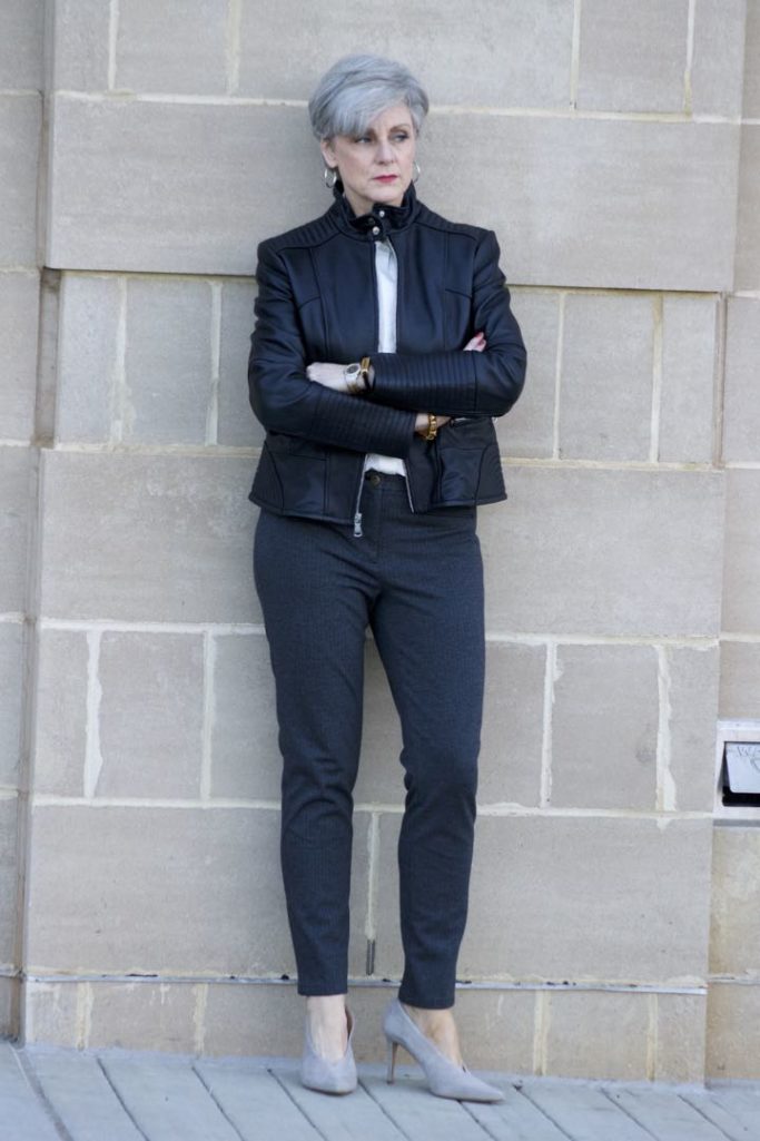 vince camuto leather moto jacket, everlane silk blouse, talbots pants, vince camuto suede pumps, talbots tweed handbag