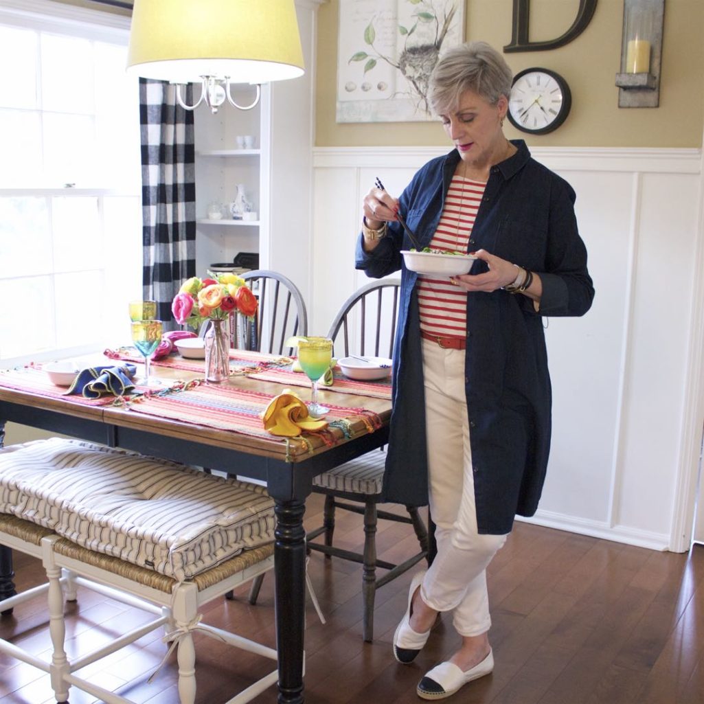 j.crew striped tee, madewell denim dress, ann taylor white denim, tory burch espadrilles