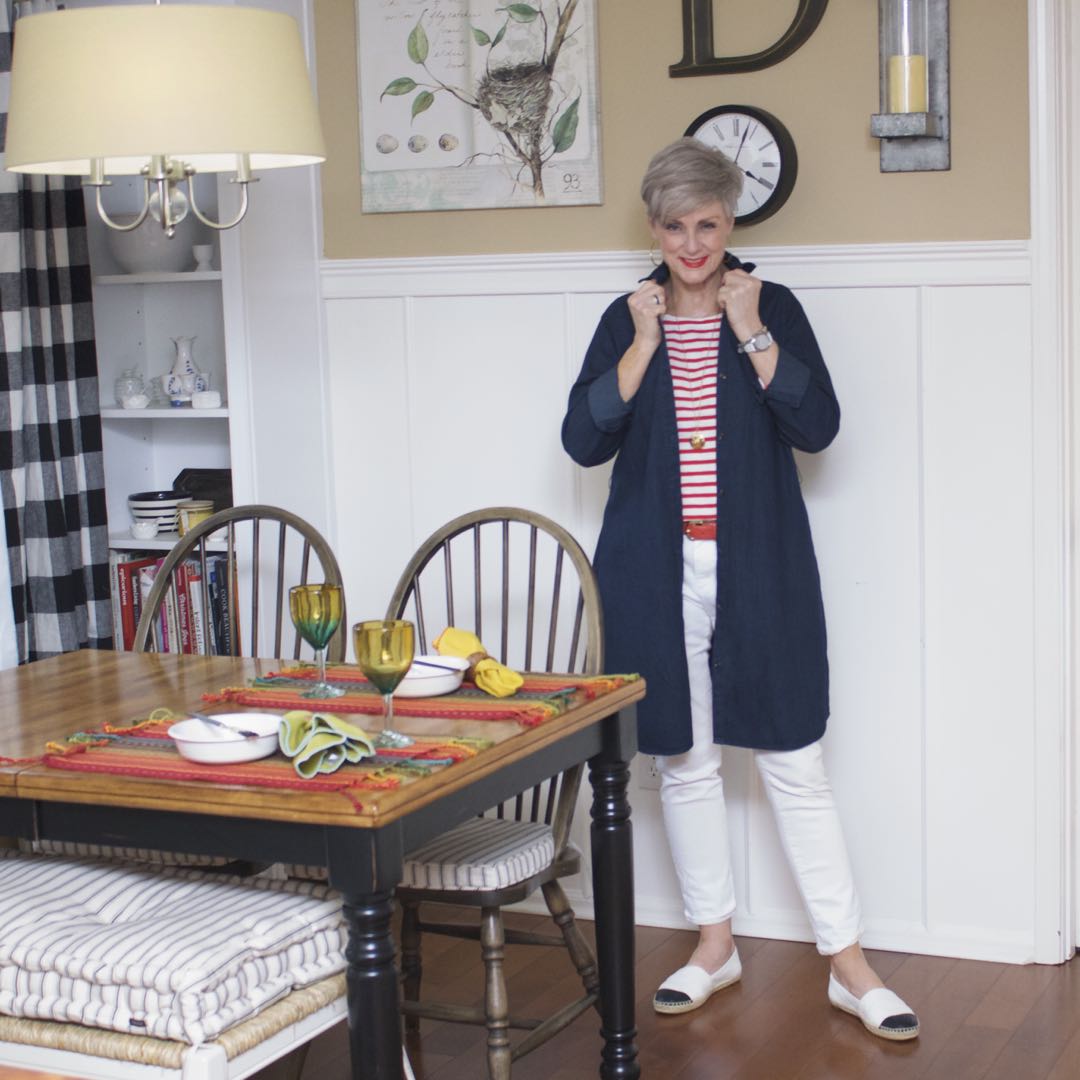 j.crew striped tee, madewell denim dress, ann taylor white denim, tory burch espadrilles