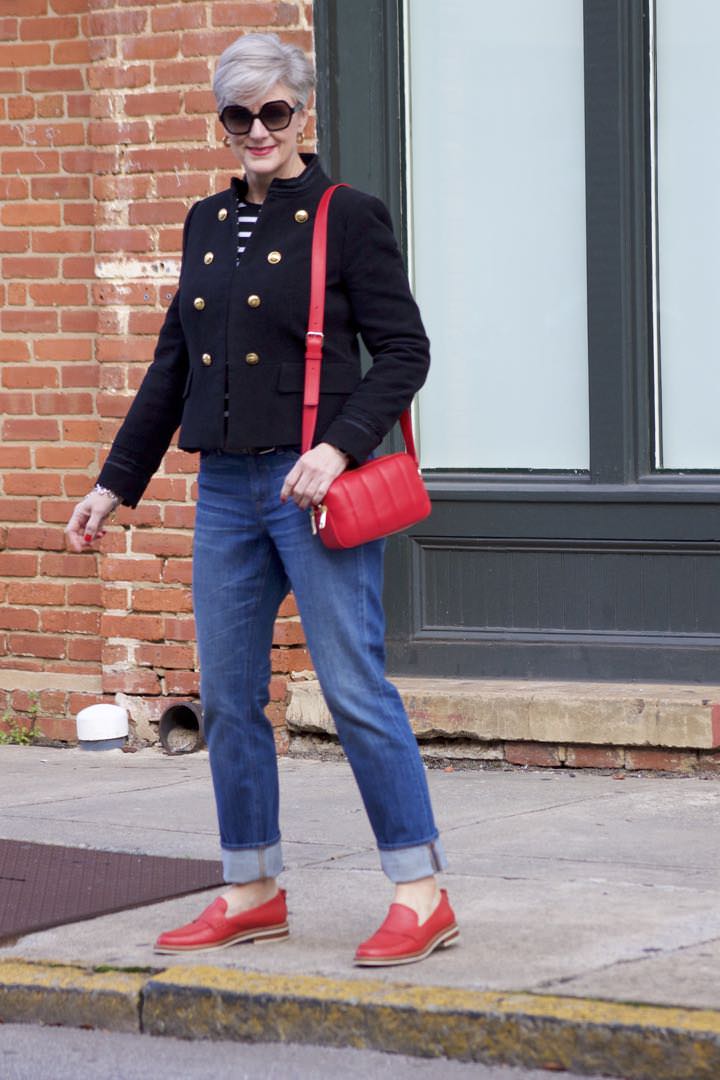 zara military blazer, j.crew matchstick denim, ralph lauren striped tee, coach red loafers, talbots red camera handbag