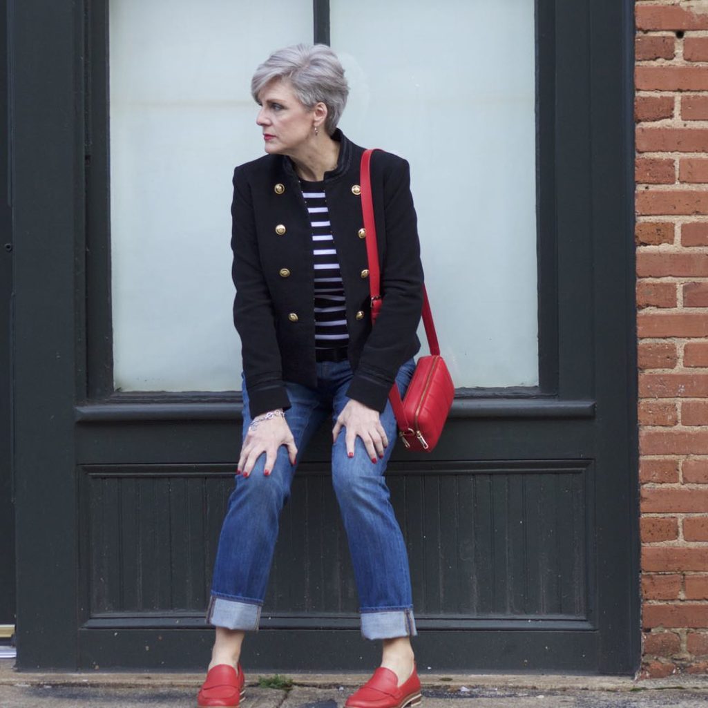zara military blazer, j.crew matchstick denim, ralph lauren striped tee, coach red loafers, talbots red camera handbag