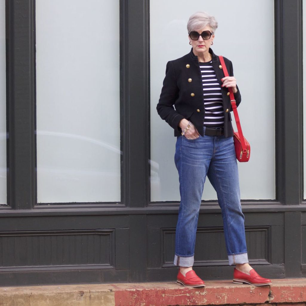 zara military blazer, j.crew matchstick denim, ralph lauren striped tee, coach red loafers, talbots red camera handbag