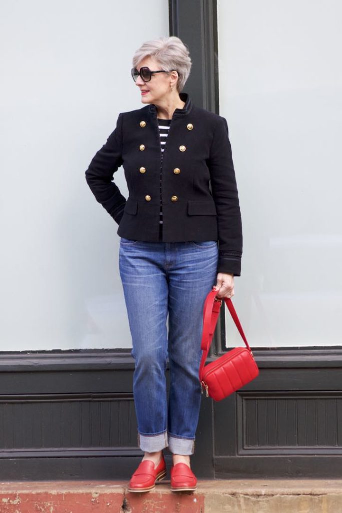 zara military blazer, j.crew matchstick denim, ralph lauren striped tee, coach red loafers, talbots red camera handbag