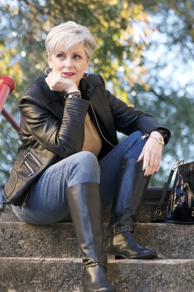 vince camuto leather moto jacket, everlane cashmere sweater, j.crew skinny toothpick, talbots riding boots, michael kors handbag