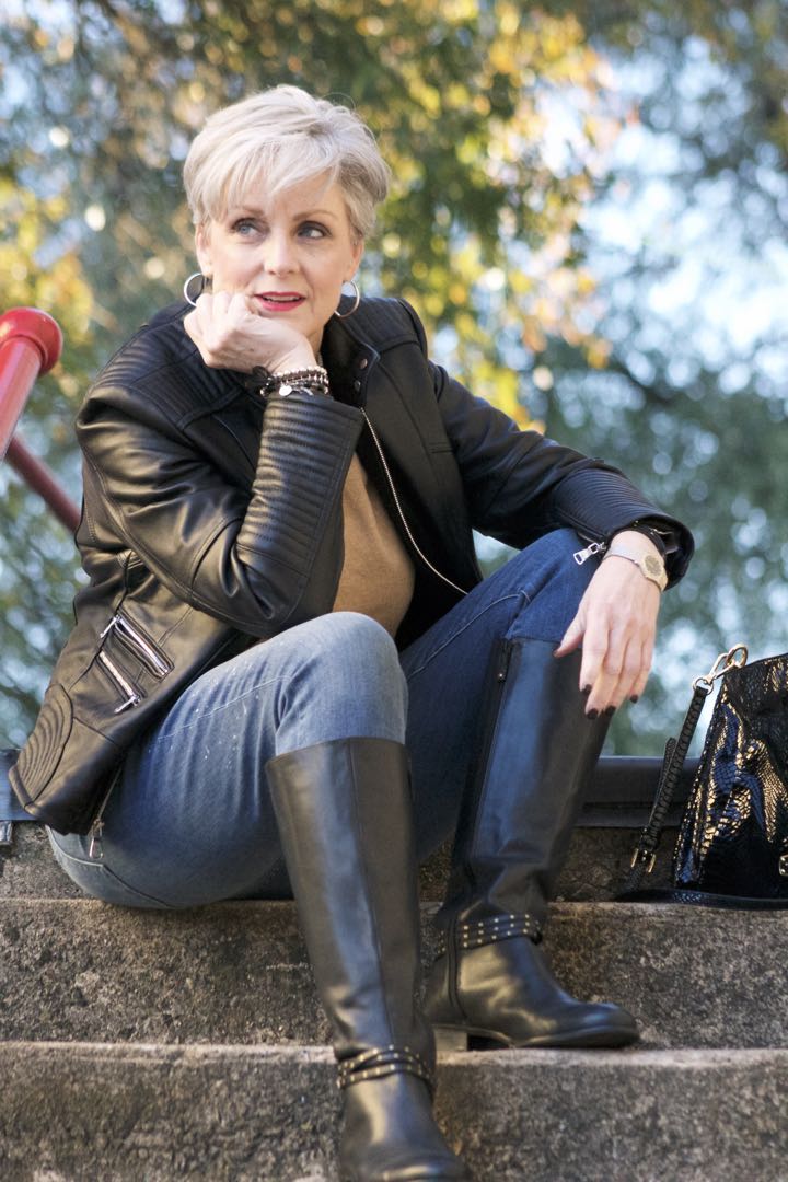 vince camuto leather moto jacket, everlane cashmere sweater, j.crew skinny toothpick, talbots riding boots, michael kors handbag