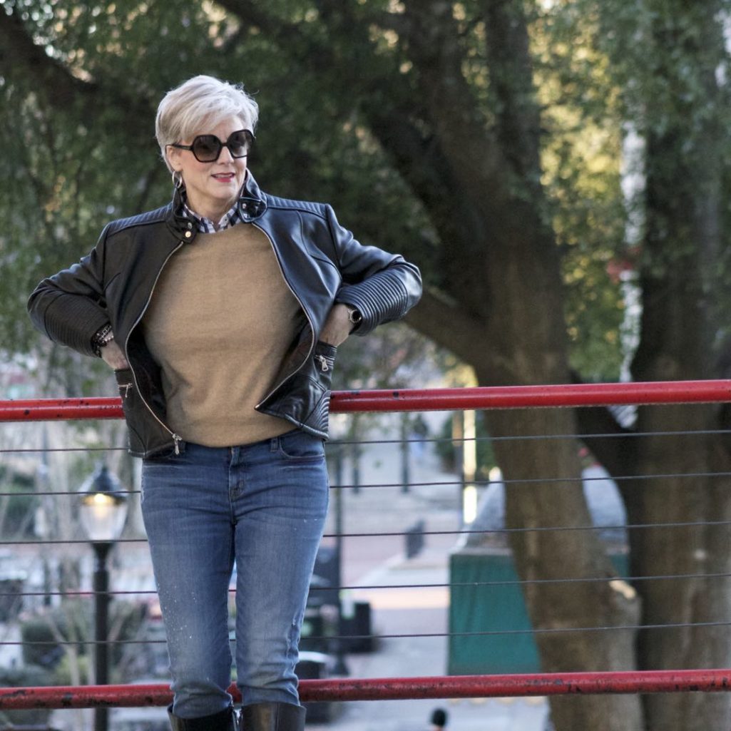 vince camuto leather moto jacket, everlane cashmere sweater, j.crew skinny toothpick, talbots riding boots, michael kors handbag