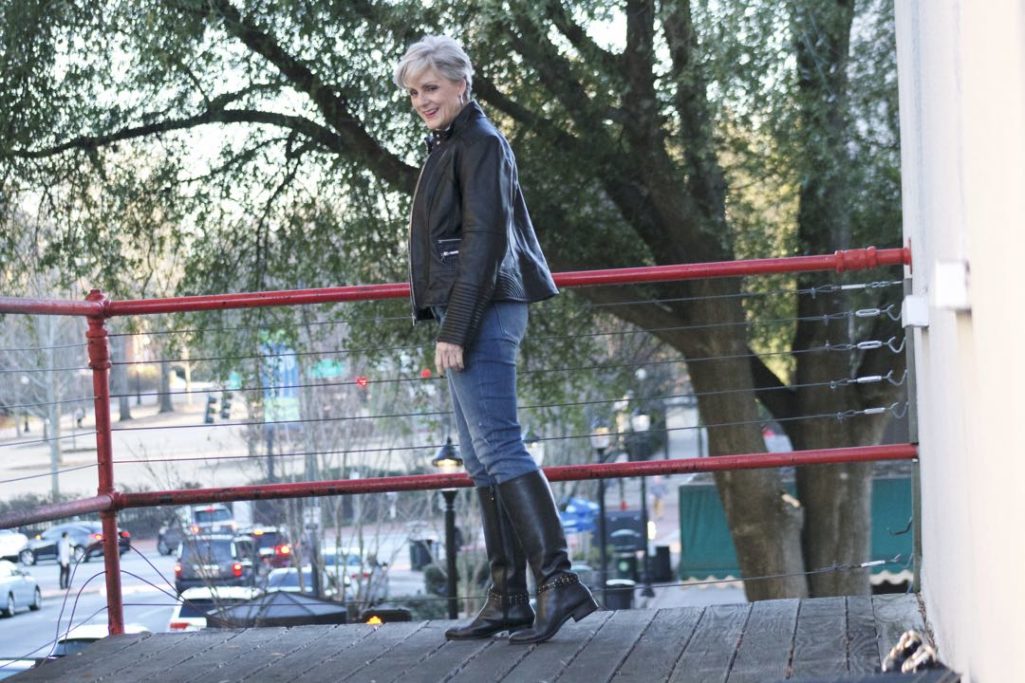 vince camuto leather moto jacket, everlane cashmere sweater, j.crew skinny toothpick, talbots riding boots, michael kors handbag
