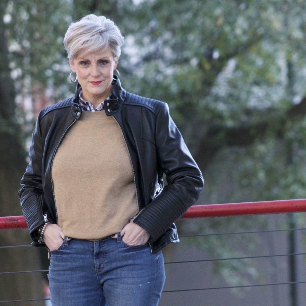 vince camuto leather moto jacket, everlane cashmere sweater, j.crew skinny toothpick, talbots riding boots, michael kors handbag