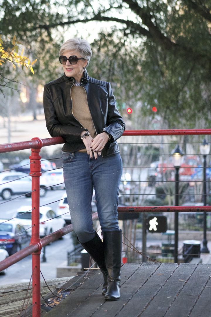 vince camuto leather moto jacket, everlane cashmere sweater, j.crew skinny toothpick, talbots riding boots, michael kors handbag