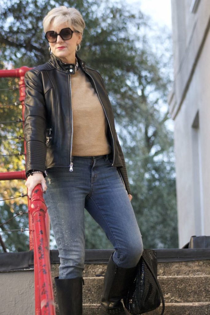 vince camuto leather moto jacket, everlane cashmere sweater, j.crew skinny toothpick, talbots riding boots, michael kors handbag