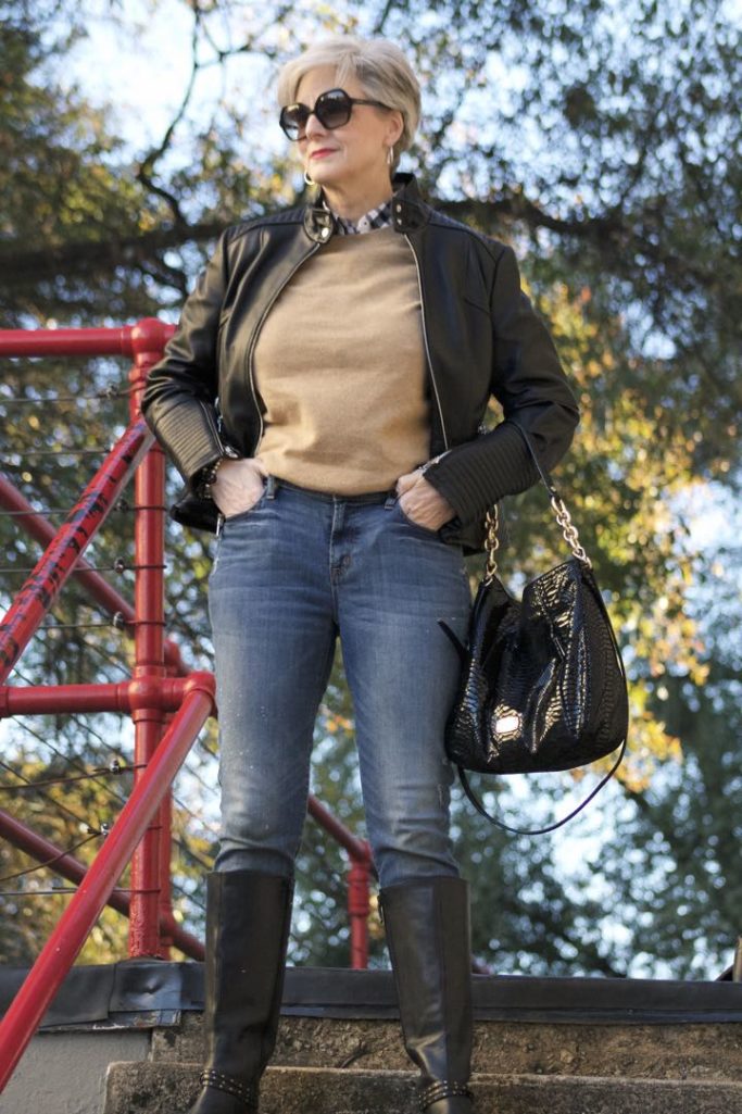 vince camuto leather moto jacket, everlane cashmere sweater, j.crew skinny toothpick, talbots riding boots, michael kors handbag