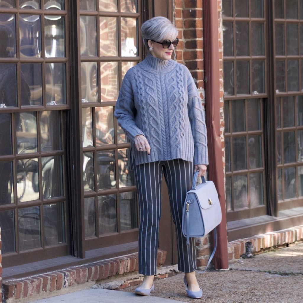 banana republic sloan pants, everlane cableknit turtleneck, suede grey shoes