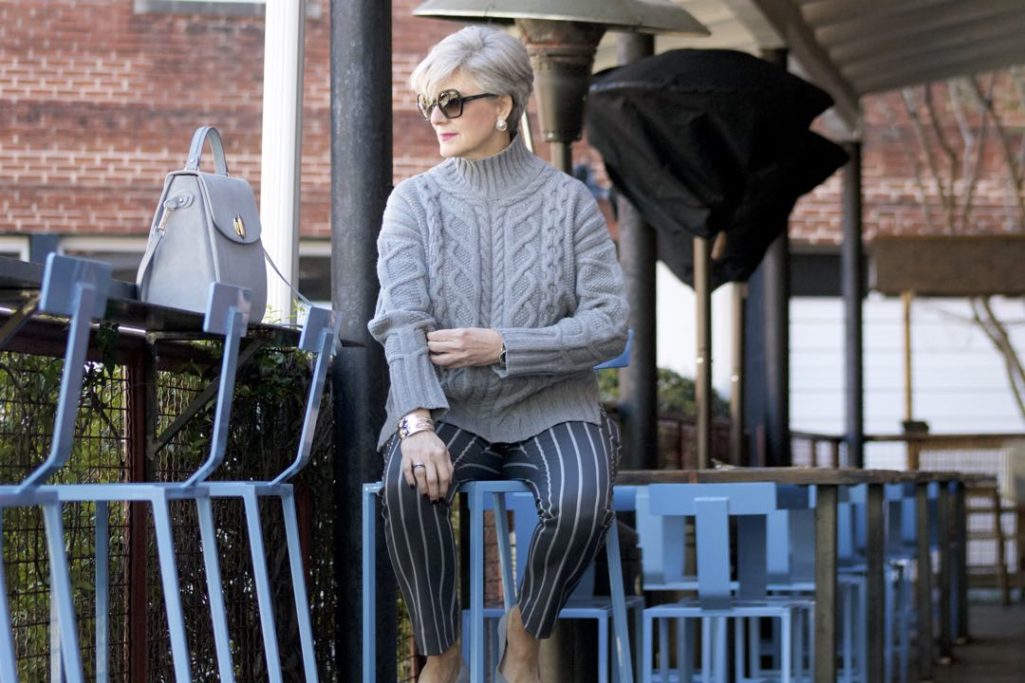 banana republic sloan pants, everlane cableknit turtleneck, suede grey shoes