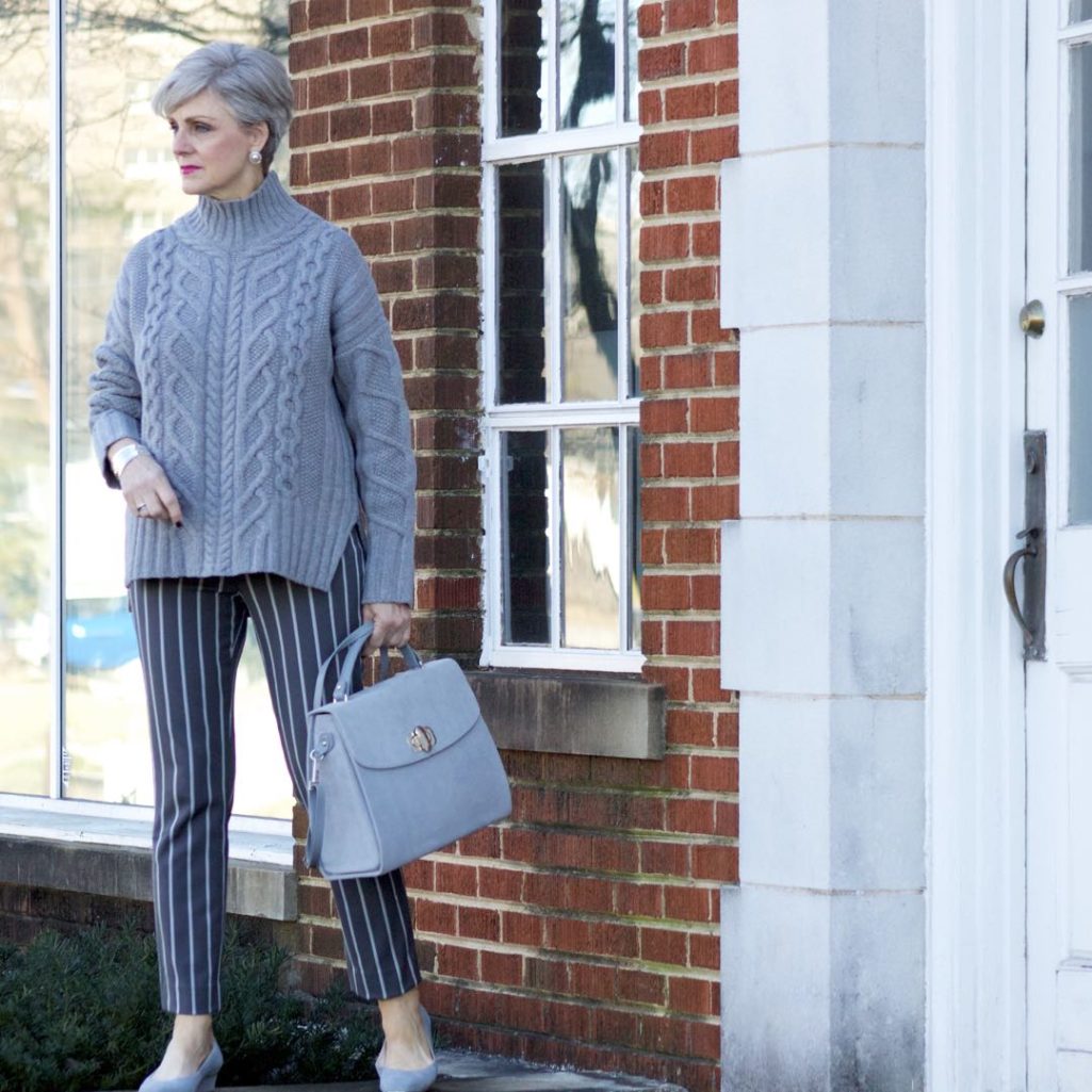 banana republic sloan pants, everlane cableknit turtleneck, suede grey shoes
