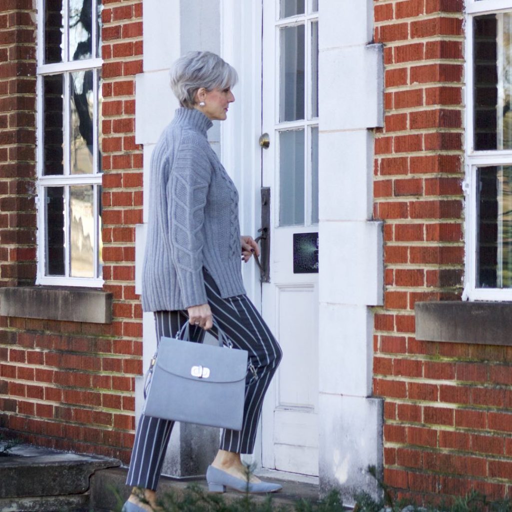 banana republic sloan pants, everlane cableknit turtleneck, suede grey shoes