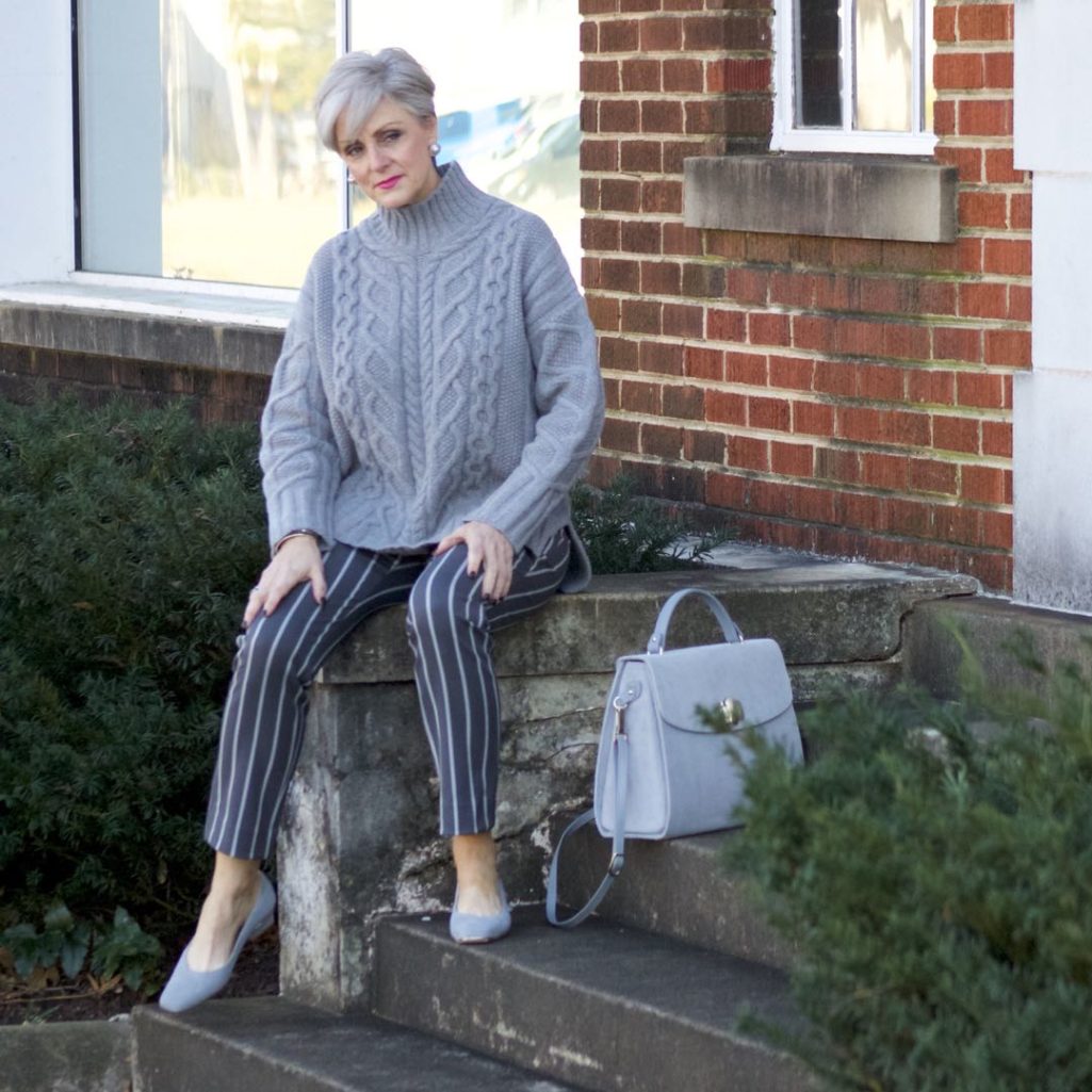 banana republic sloan pants, everlane cableknit turtleneck, suede grey shoes