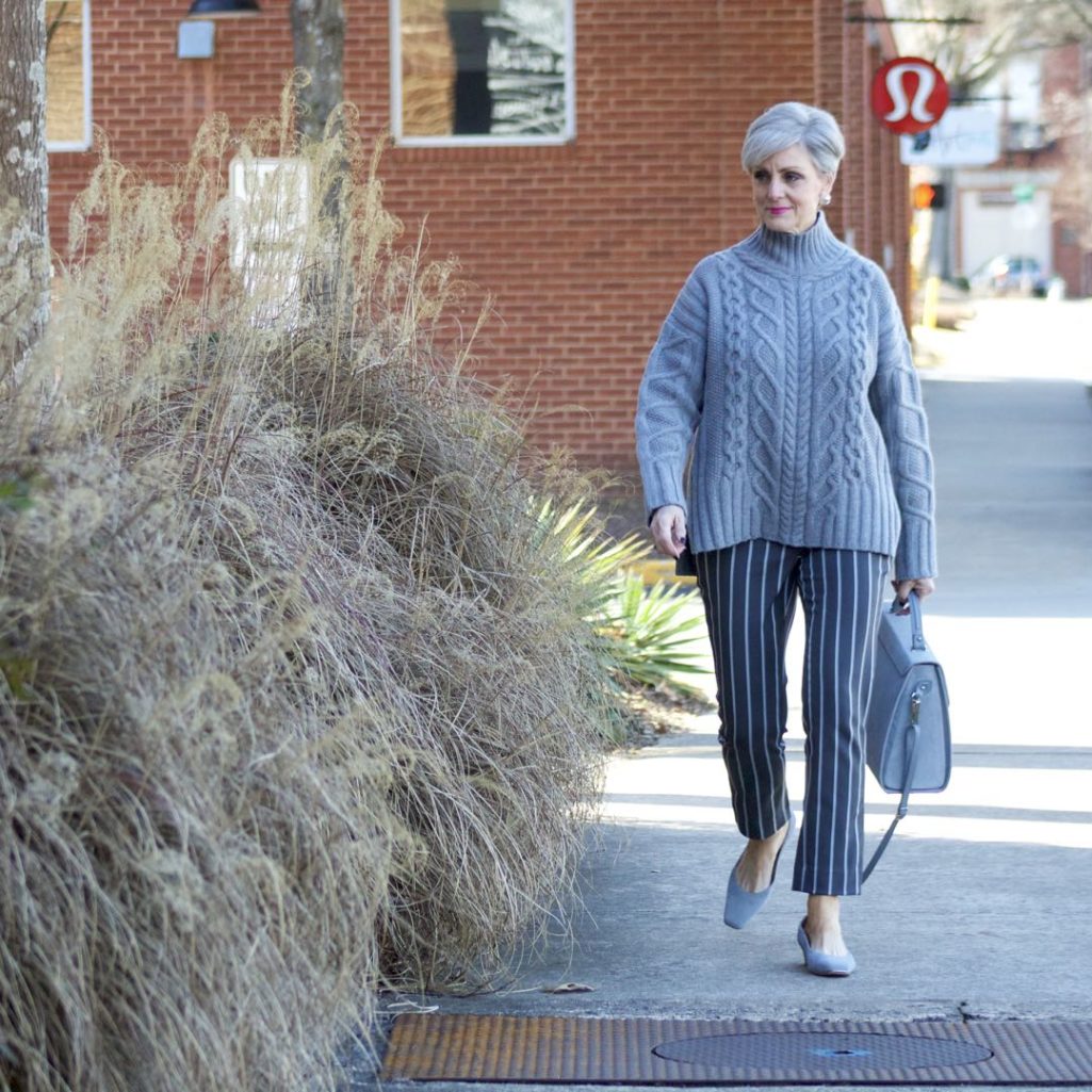 banana republic sloan pants, everlane cableknit turtleneck, suede grey shoes