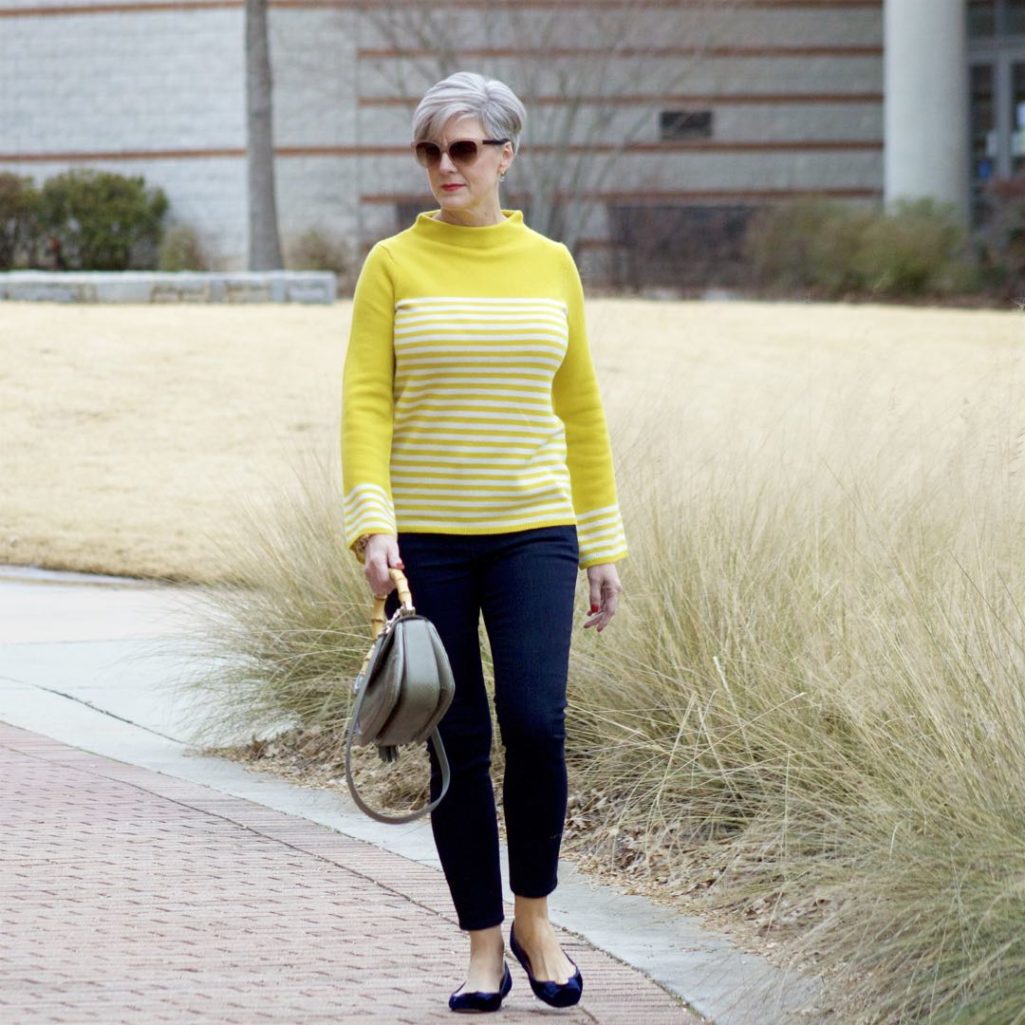 boden yellow stripe sweater, ann taylor sailor denim, kate spade velvet flats, gucci handbag