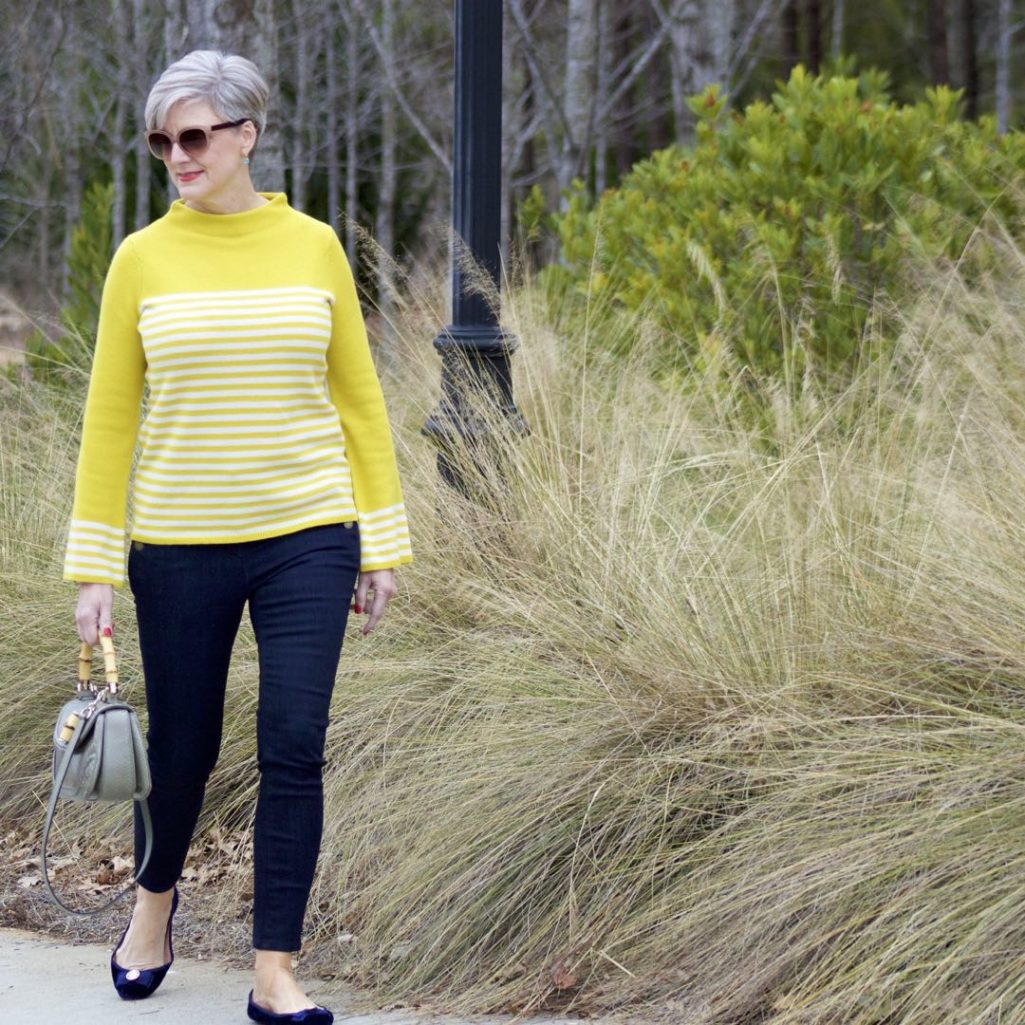 boden yellow stripe sweater, ann taylor sailor denim, kate spade velvet flats, gucci handbag